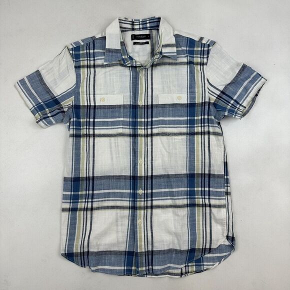 Lucky Brand Classic Fit Jaybird S/S Button Down Shirt Sz S White Blue Plaid L/S - Picture 2 of 7